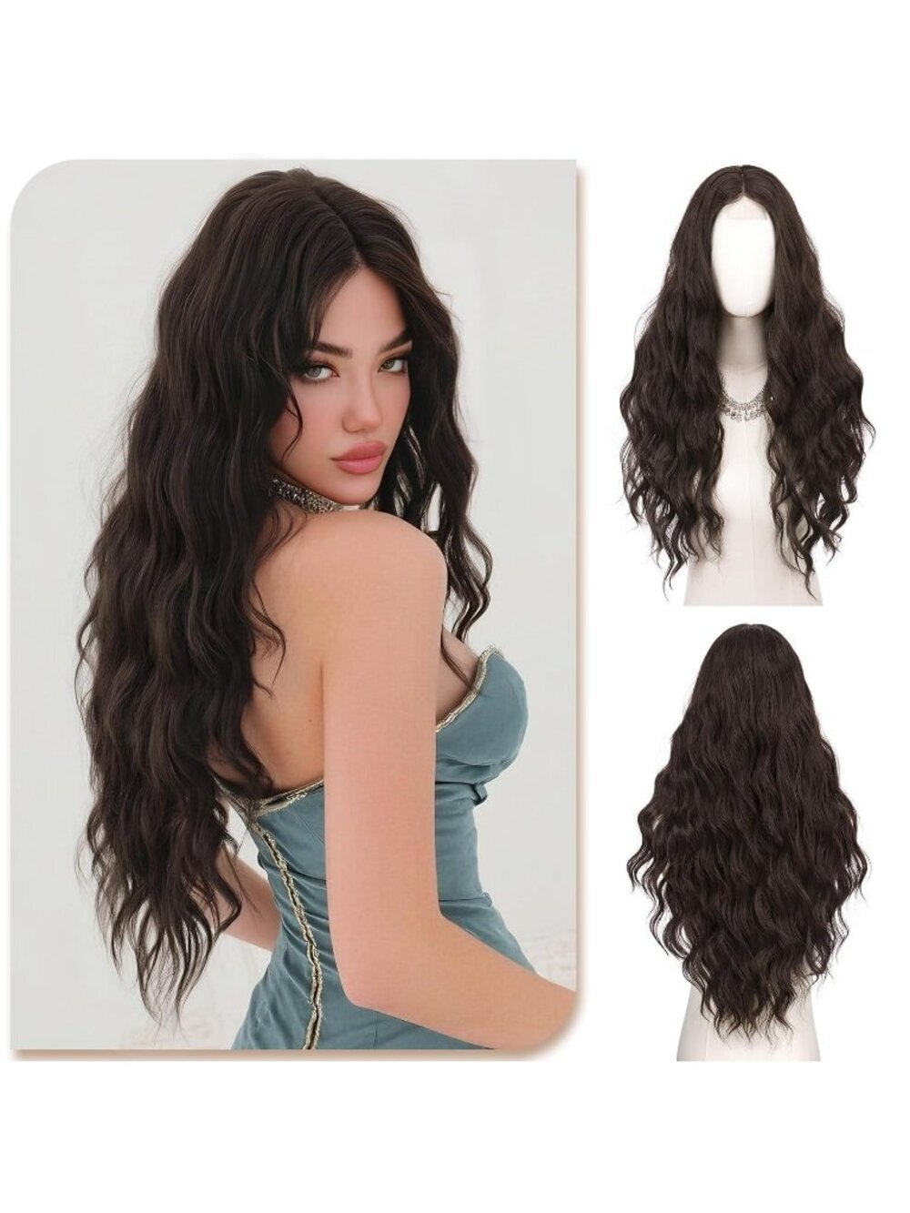 Women's Dark Brown 28 Inch Lace Front Soft Synthetic Long Wavy Curly Wigs